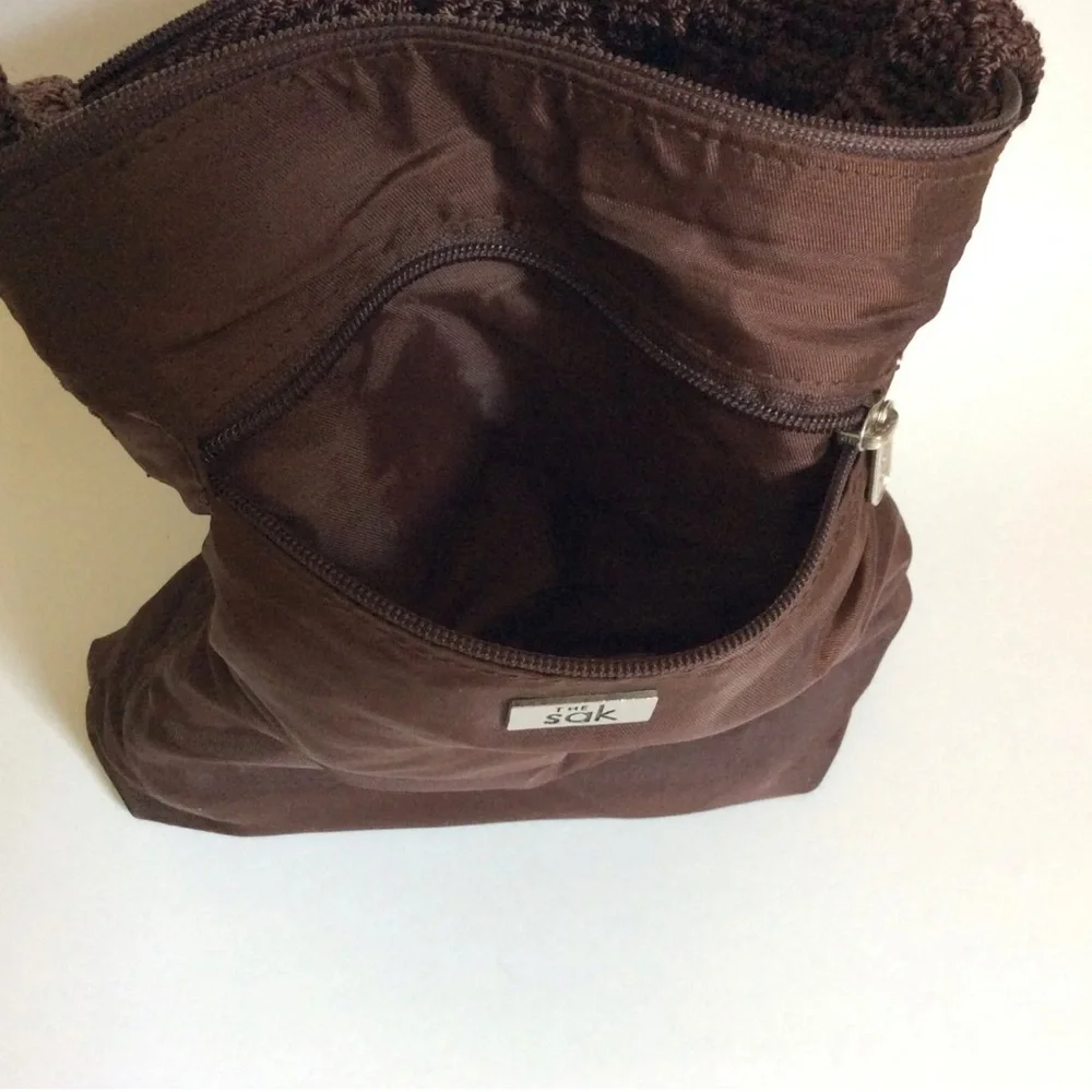 The Sak Natural Crochet Woven Bag Purse Brown Fabric Hobo Shoulder Bag Zipper - Picture 6 of 6